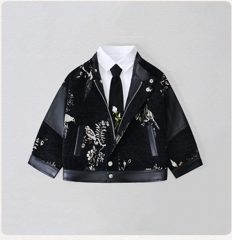 Street Fashion Kids - 신사풍 아동 자수 모터사이클 PU 가죽