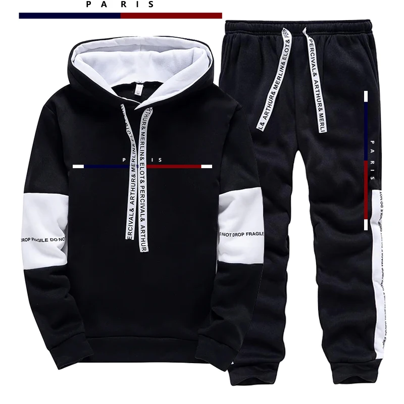 Street Fashion Hoodie - 파리 패션 프린트 남성 세트/후드티/바지 가을
