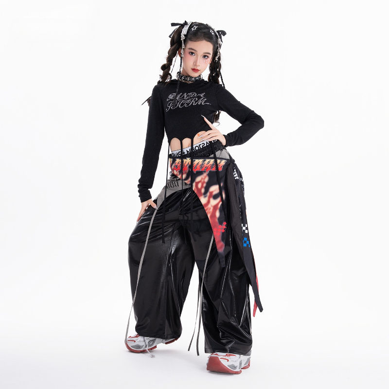 여자 힙합 댄스 의류 세트 멋진 긴 소매 탑 헐렁한 바 - Street Fashion Kpop 리뷰 및 가격