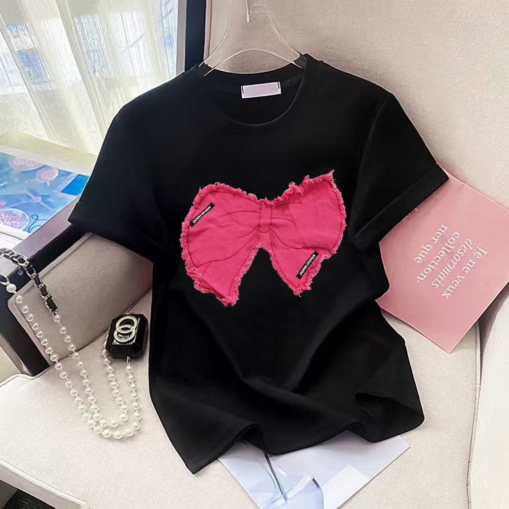 로즈 레드 데님 보타이 O넥 반팔 티셔츠 루즈핏 202 - Street Fashion Shanghai 리뷰 및 가격