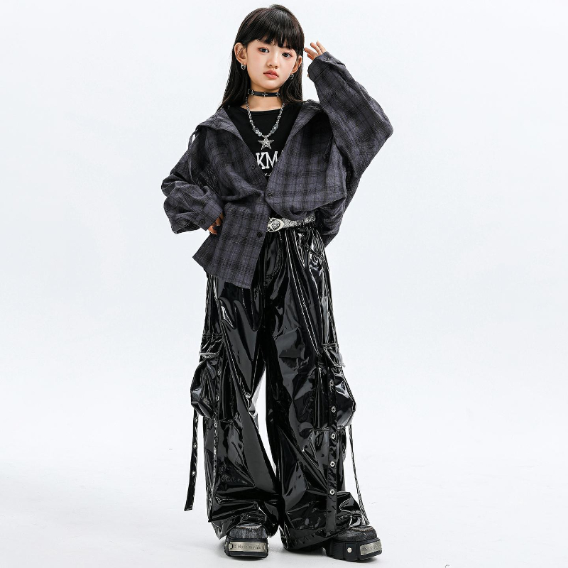 여자 재즈 댄스 의상 후드 체크 무늬 셔츠 가죽 바지  - Street Fashion Kpop 리뷰 및 가격