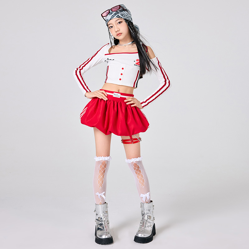 여자 힙합 의류 흰색 탑 레드 스커트 재즈 댄스 공연  - Street Fashion Kpop 리뷰 및 가격